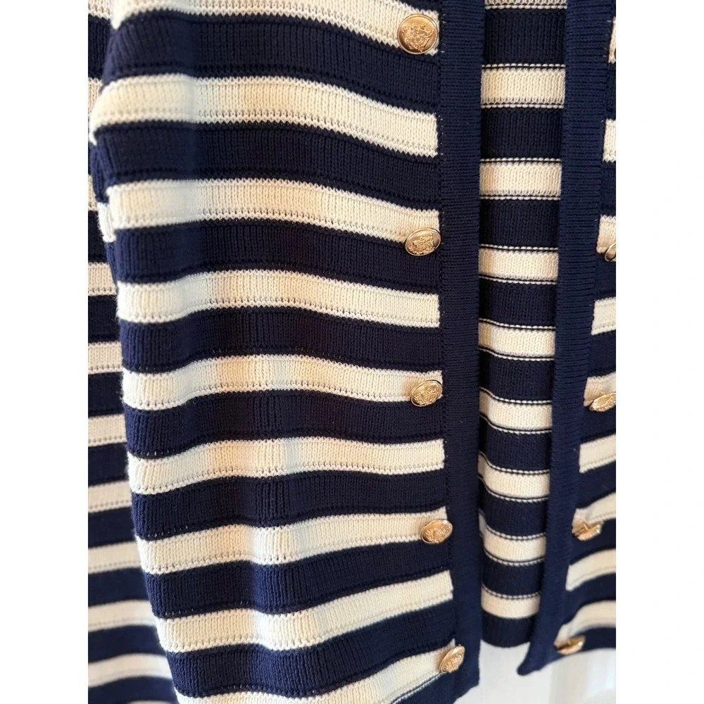PrettyGarden Navy White Striped Cropped Cardigan‎ Gold Button Sweater Small NWOT